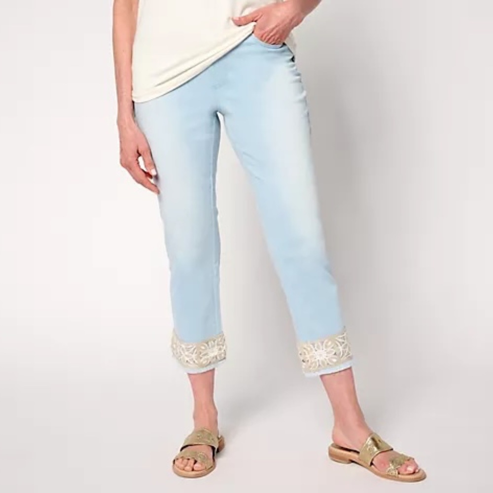 Belle by Kim Gravel Petite TripleLuxe Denim Crochet Cropped Pant 18WP